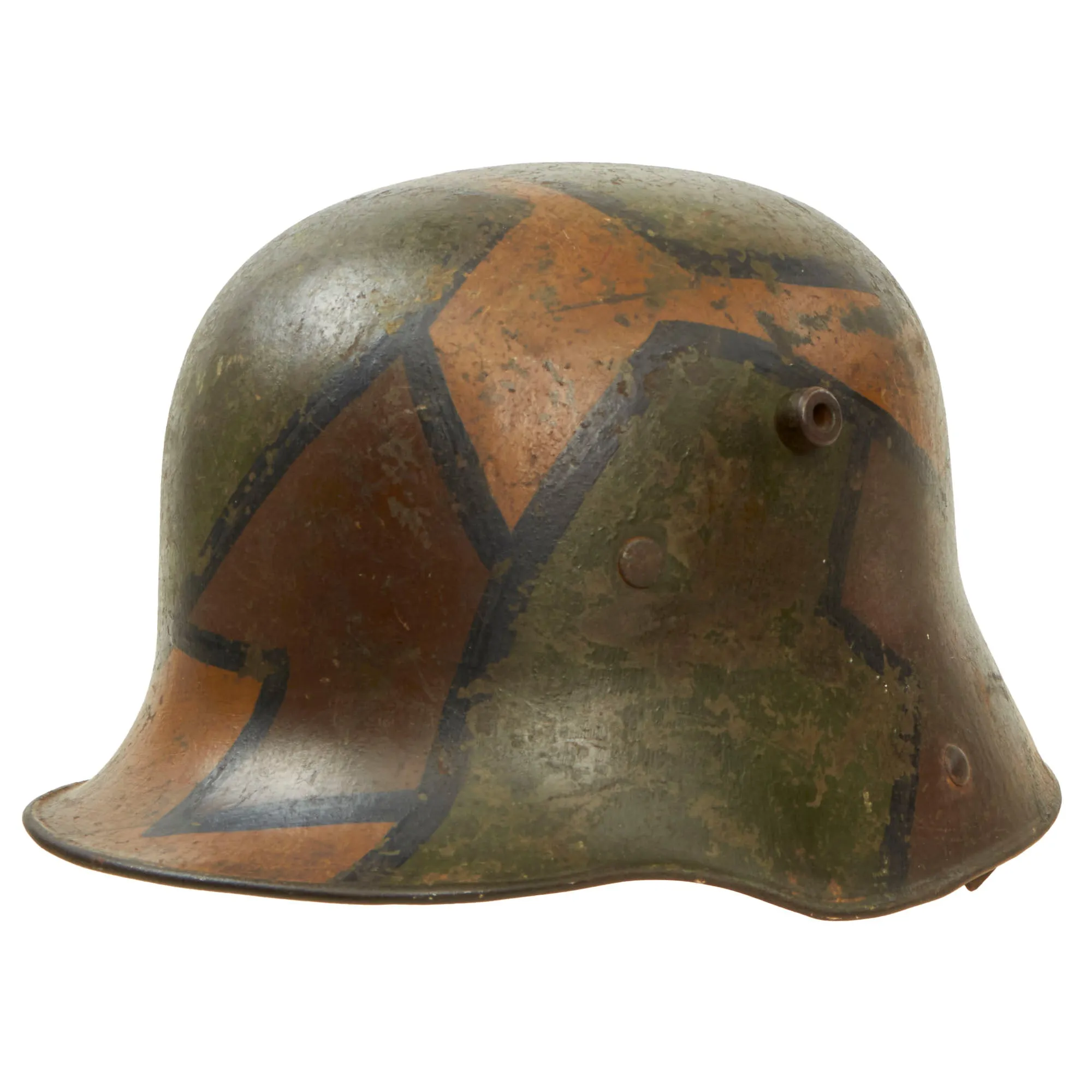 Original Imperial German WWI M16 Stahlhelm Helmet with Panel Camouflage Paint and Partial Leather Liner - Rare Maker W66