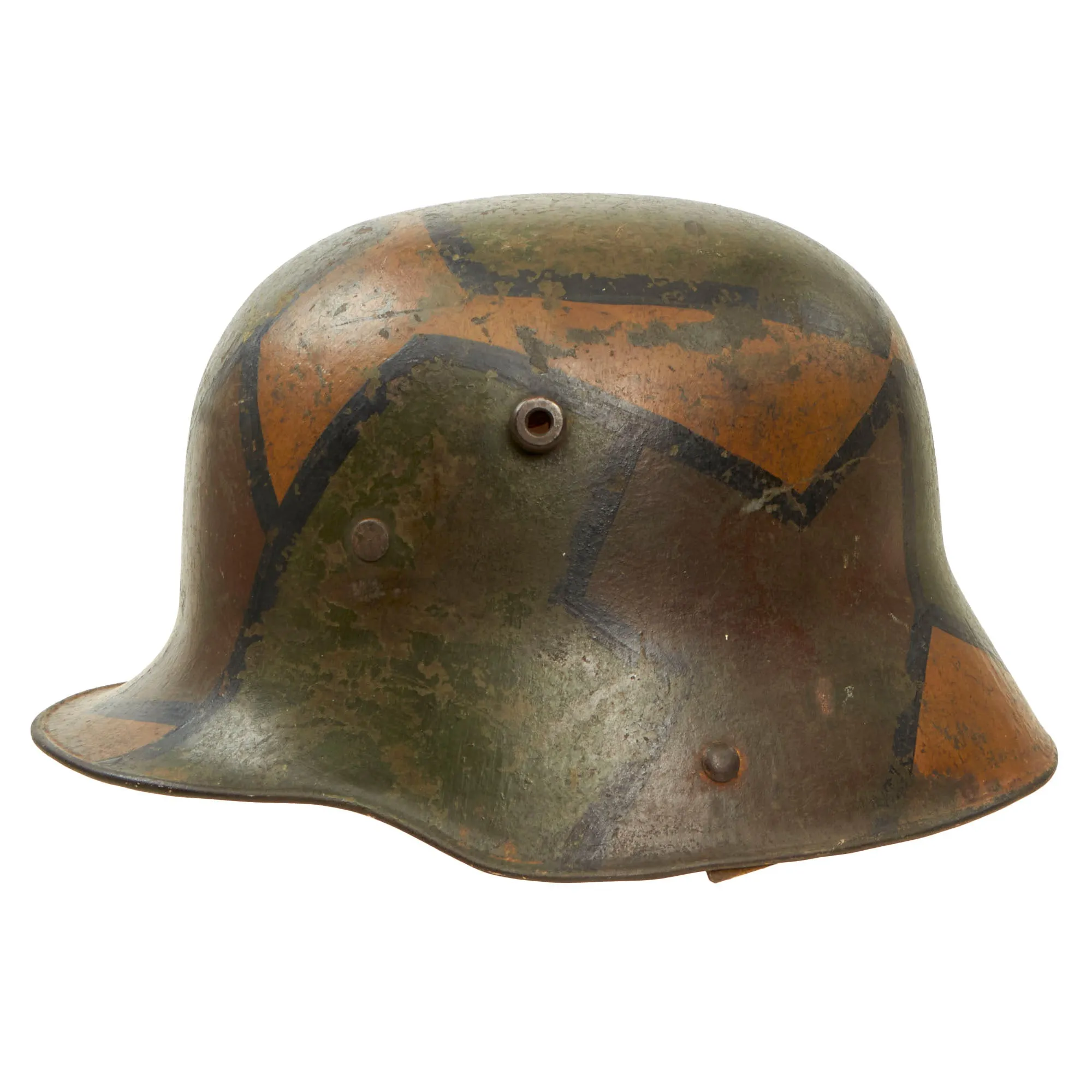 Original Imperial German WWI M16 Stahlhelm Helmet with Panel Camouflage Paint and Partial Leather Liner - Rare Maker W66