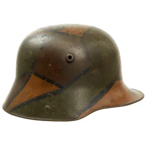 Original Imperial German WWI M16 Stahlhelm Helmet with Panel Camouflage Paint and Partial Leather Liner - Rare Maker W66