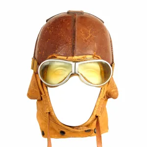 Original U.S. WWI Aero Squadron Stiff Leather Flying Helmet by Spalding With Resistal Goggles