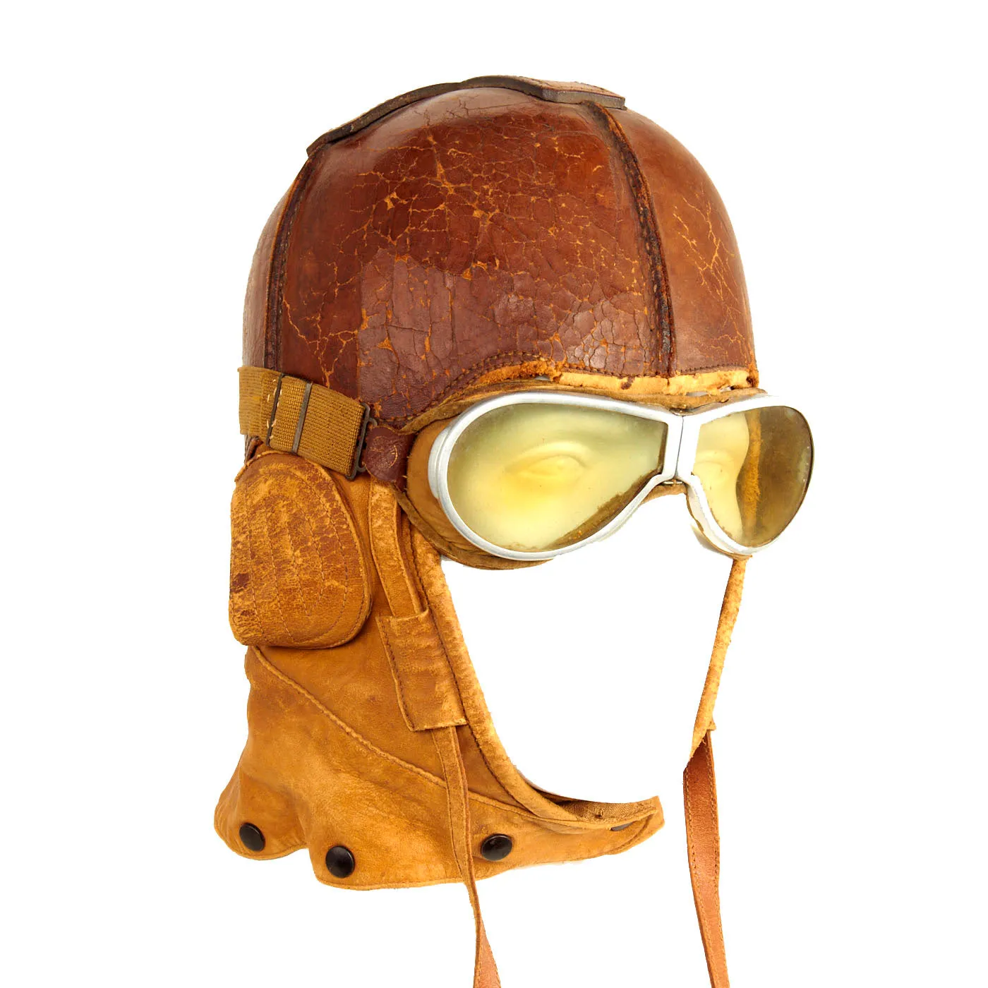 Original U.S. WWI Aero Squadron Stiff Leather Flying Helmet by Spalding With Resistal Goggles