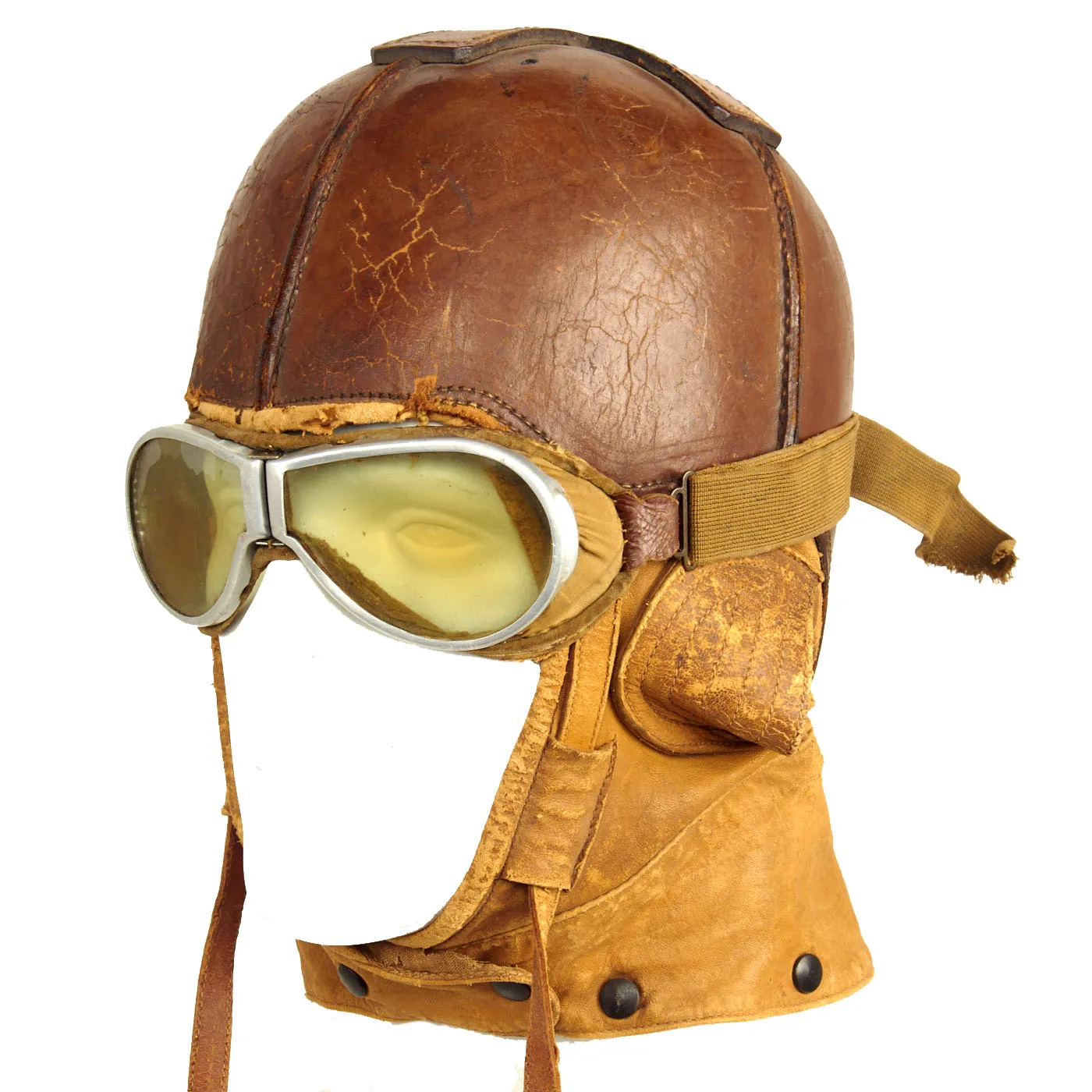 Original U.S. WWI Aero Squadron Stiff Leather Flying Helmet by Spalding With Resistal Goggles