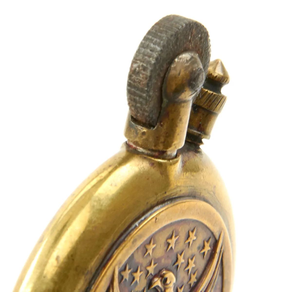 Original U.S. WWI Circular Brass Trench Art Lighter circa 1917 with U.S. and French Flag Emblem