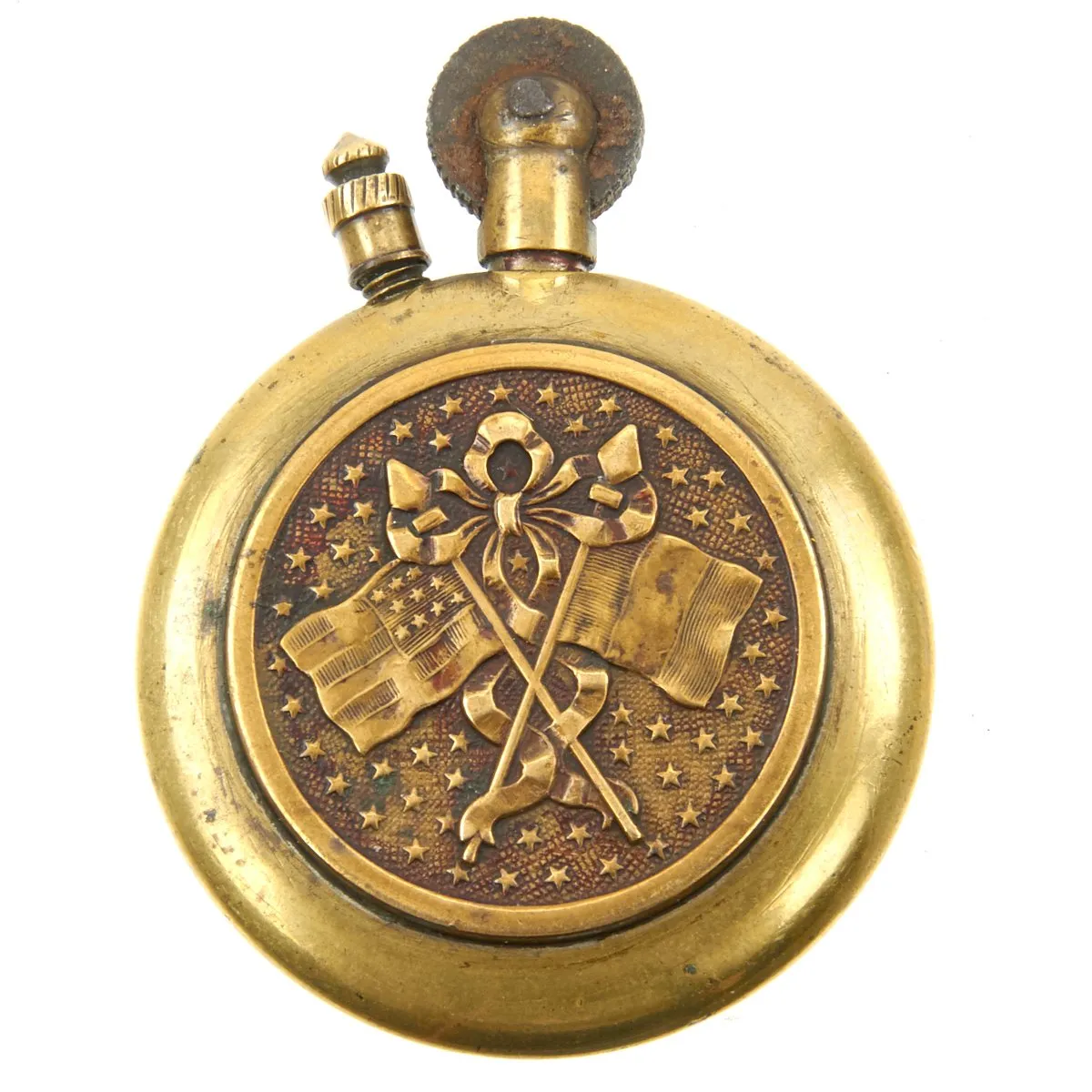 Original U.S. WWI Circular Brass Trench Art Lighter circa 1917 with U.S. and French Flag Emblem