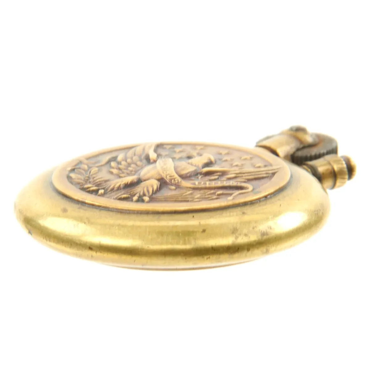 Original U.S. WWI Circular Brass Trench Art Lighter circa 1917 with U.S. and French Flag Emblem