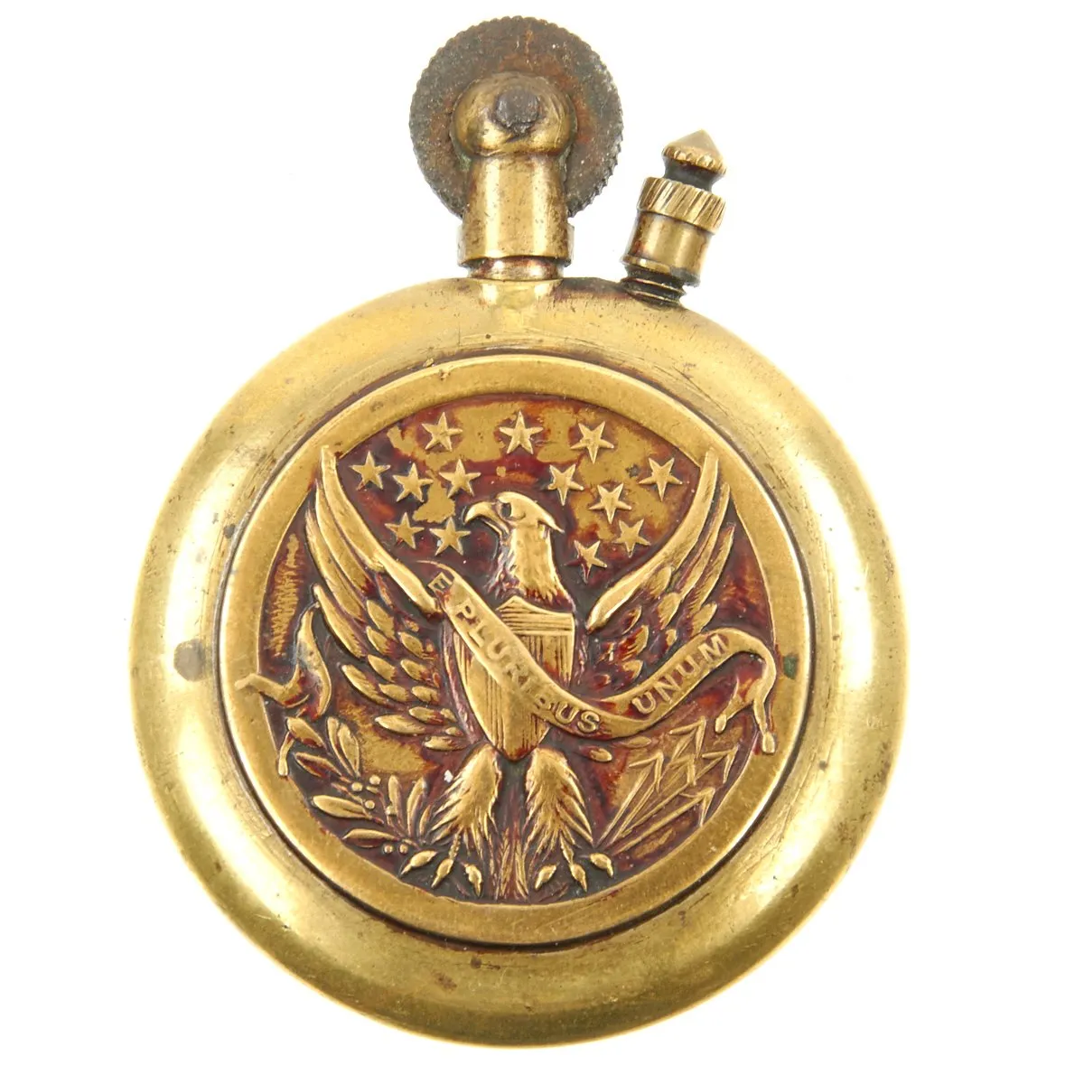 Original U.S. WWI Circular Brass Trench Art Lighter circa 1917 with U.S. and French Flag Emblem