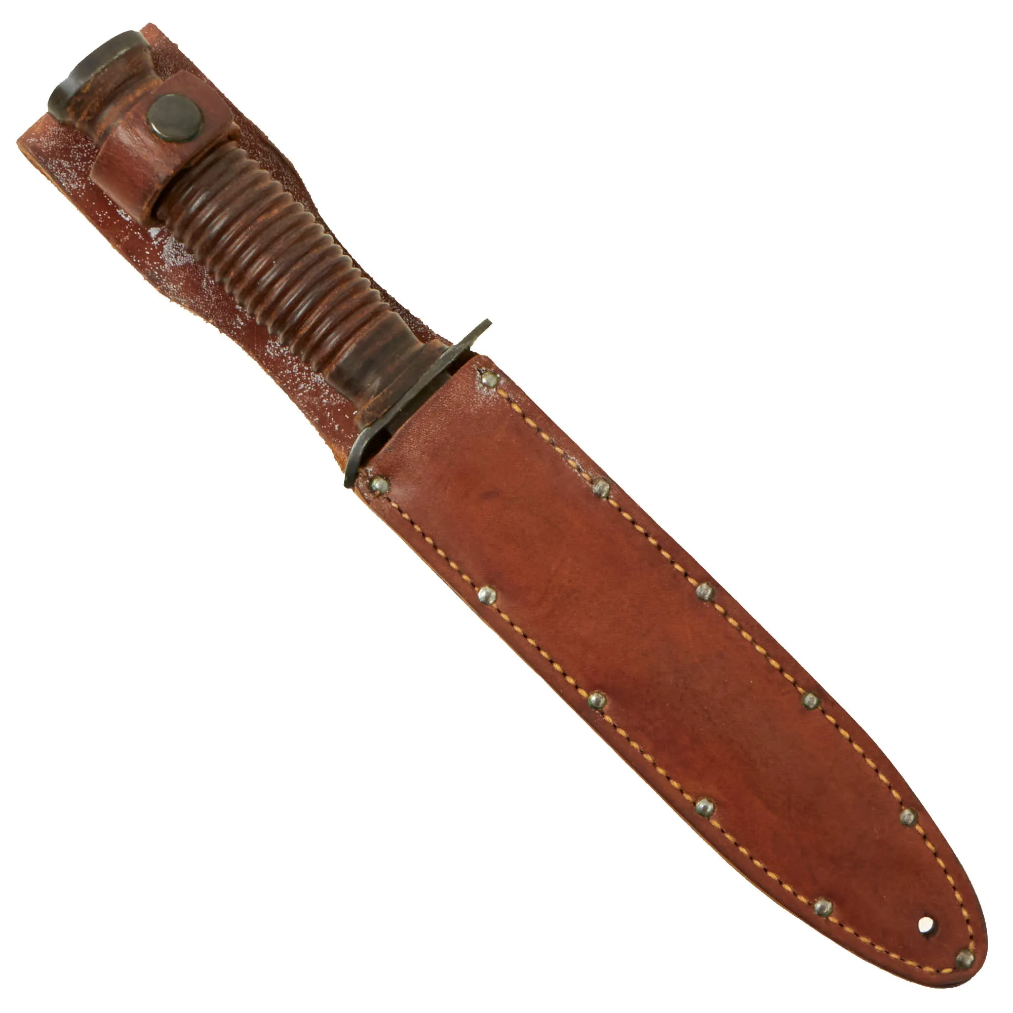 Original U.S. WWII Guard Marked M3 Fighting Knife by CASE with Hand Grooved Handle and Leather Scabbard