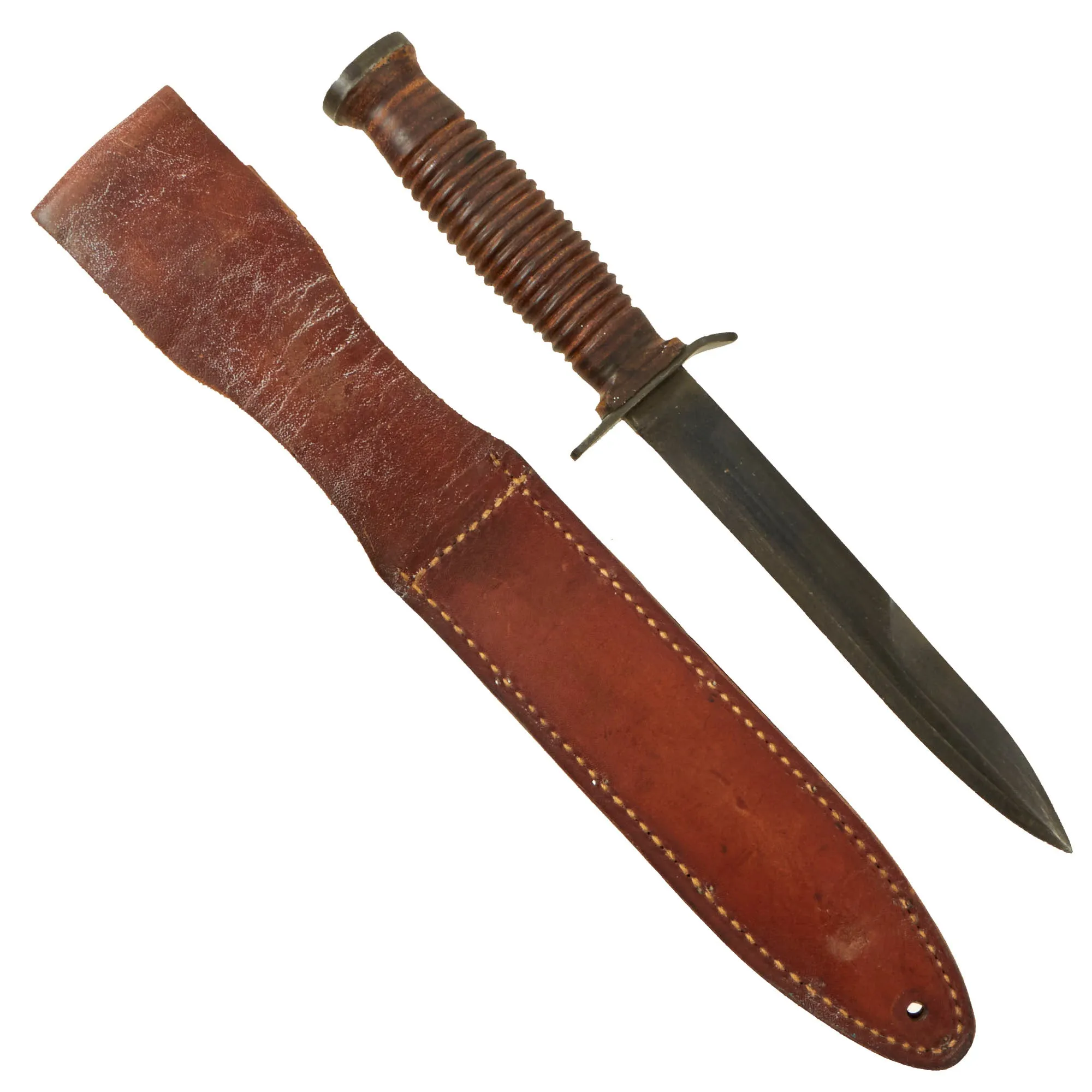 Original U.S. WWII Guard Marked M3 Fighting Knife by CASE with Hand Grooved Handle and Leather Scabbard