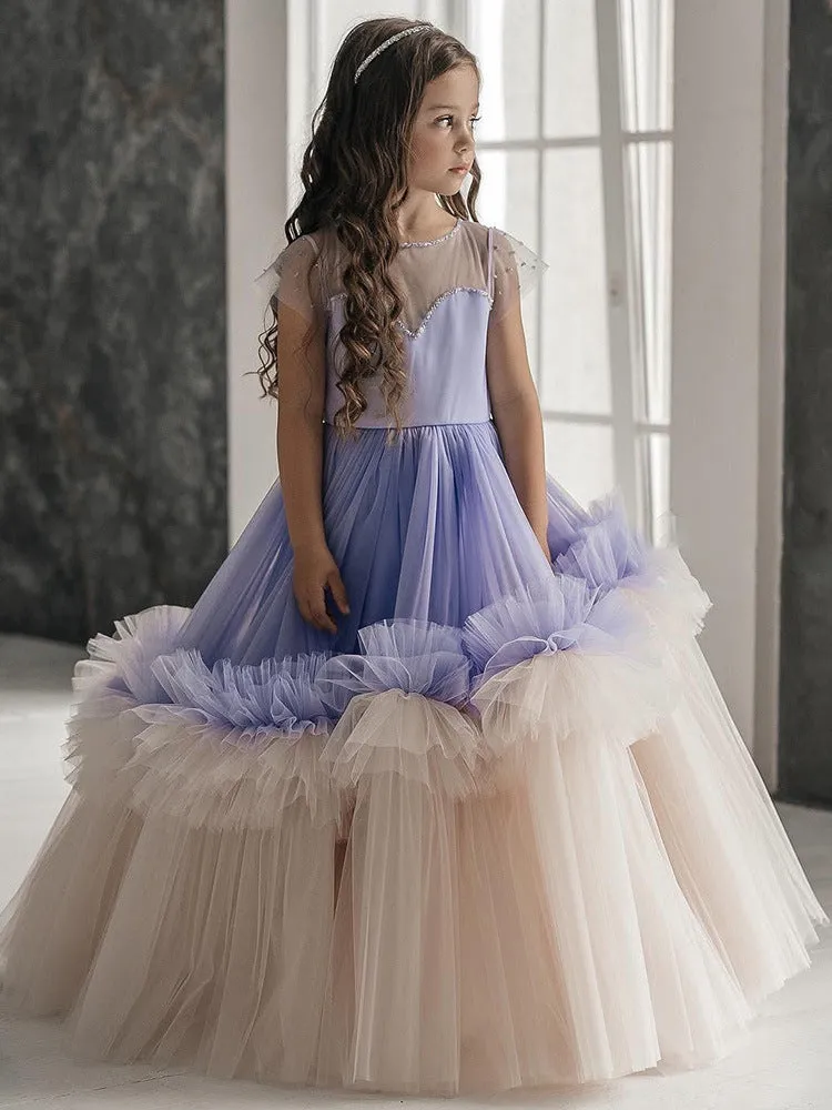 OT012 V-neck Cake Dress Transparent Ball Gown Purple Kids Girl Princess Dresses