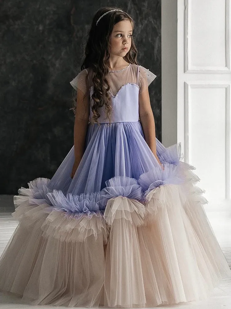 OT012 V-neck Cake Dress Transparent Ball Gown Purple Kids Girl Princess Dresses