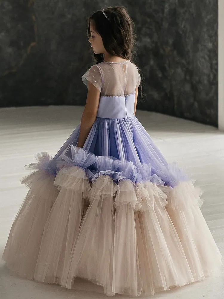 OT012 V-neck Cake Dress Transparent Ball Gown Purple Kids Girl Princess Dresses