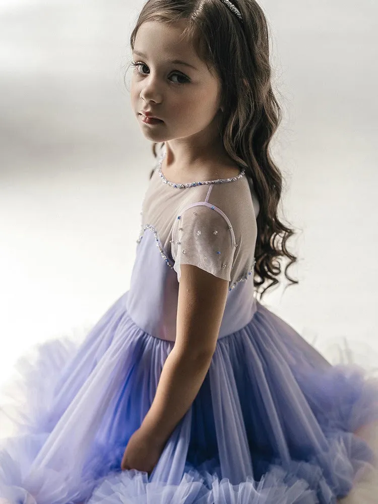 OT012 V-neck Cake Dress Transparent Ball Gown Purple Kids Girl Princess Dresses