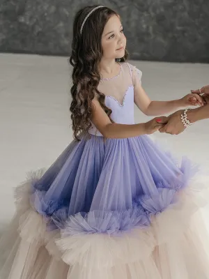 OT012 V-neck Cake Dress Transparent Ball Gown Purple Kids Girl Princess Dresses