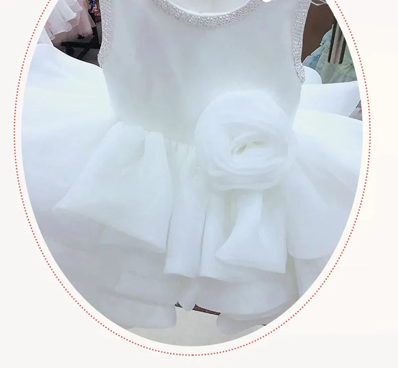 OT014 Flower Girl Elegant Kids Wedding Dresses For Girls Birthday Children White Luxury Princess Dress Girl Ceremony