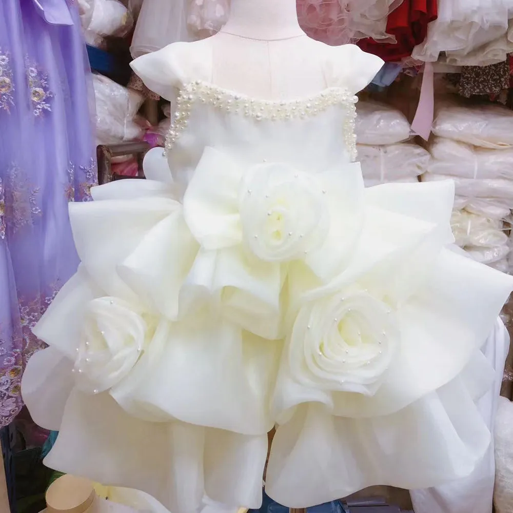 OT014 Flower Girl Elegant Kids Wedding Dresses For Girls Birthday Children White Luxury Princess Dress Girl Ceremony