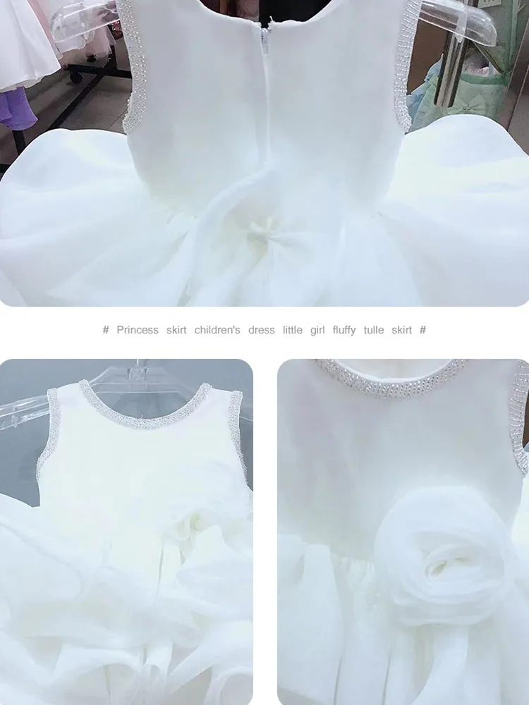 OT014 Flower Girl Elegant Kids Wedding Dresses For Girls Birthday Children White Luxury Princess Dress Girl Ceremony