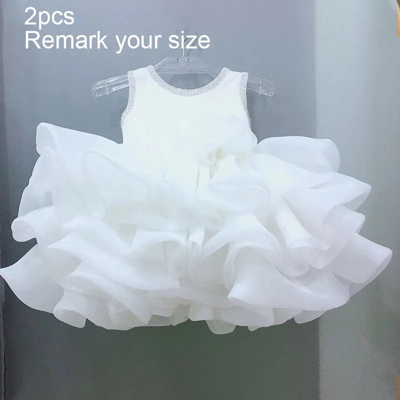 OT014 Flower Girl Elegant Kids Wedding Dresses For Girls Birthday Children White Luxury Princess Dress Girl Ceremony