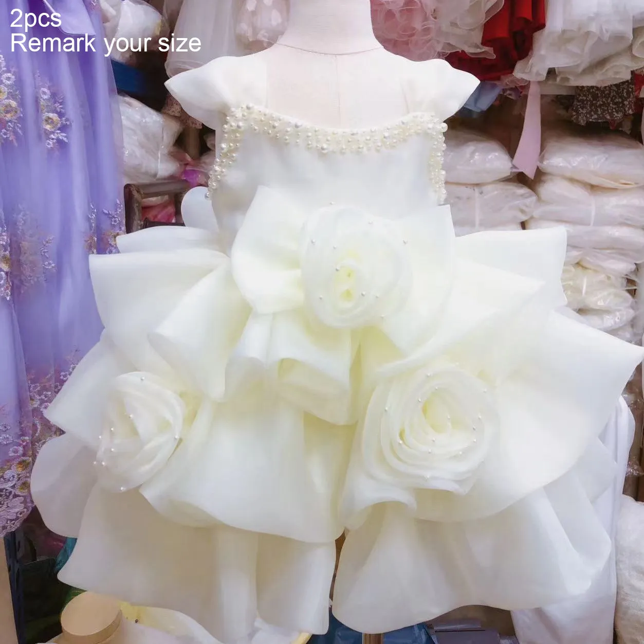 OT014 Flower Girl Elegant Kids Wedding Dresses For Girls Birthday Children White Luxury Princess Dress Girl Ceremony