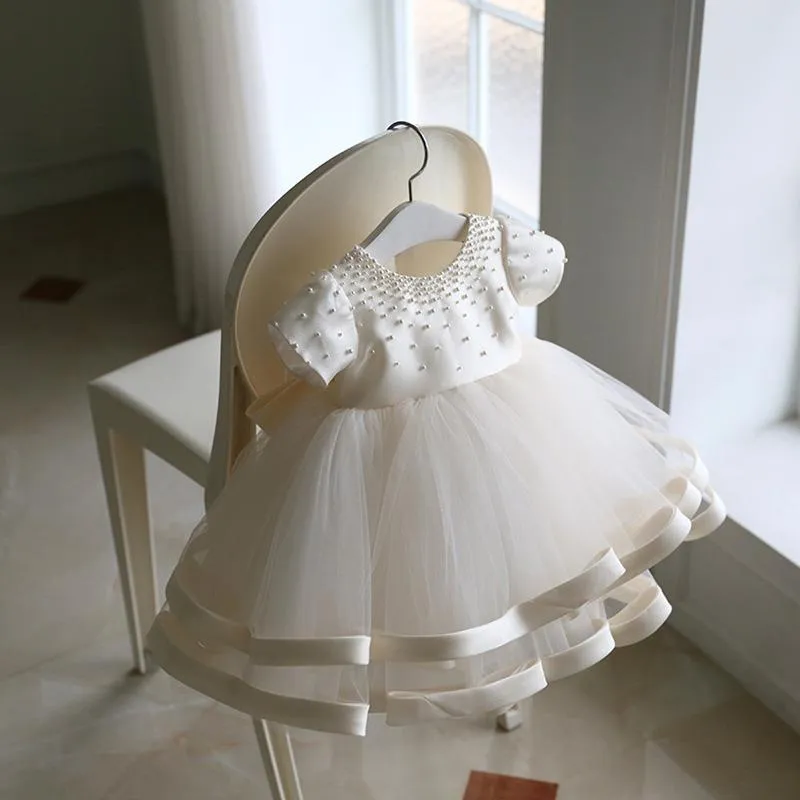 OT014 Flower Girl Elegant Kids Wedding Dresses For Girls Birthday Children White Luxury Princess Dress Girl Ceremony