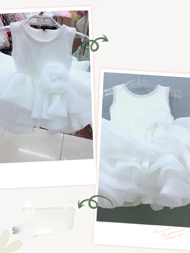 OT014 Flower Girl Elegant Kids Wedding Dresses For Girls Birthday Children White Luxury Princess Dress Girl Ceremony