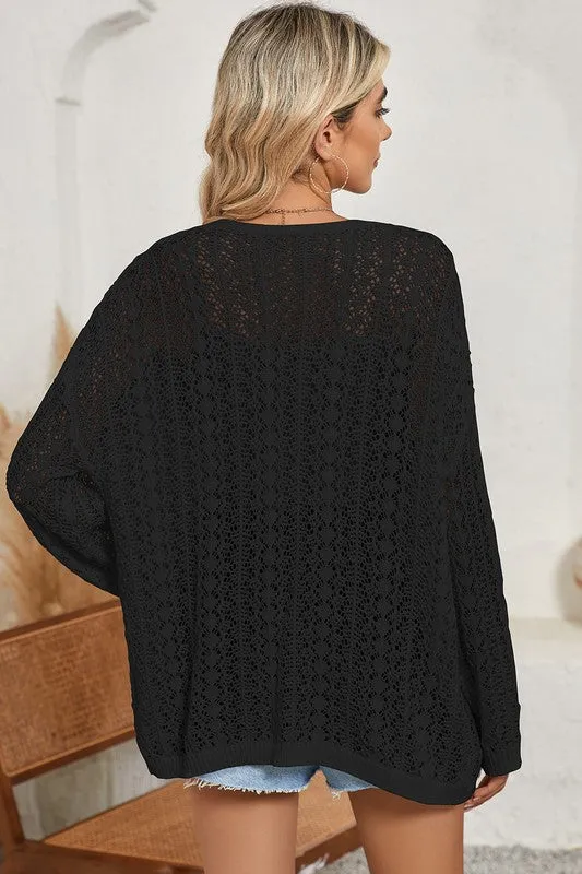 Out Crochet Knit Drop Shoulder Open Front Cardigan