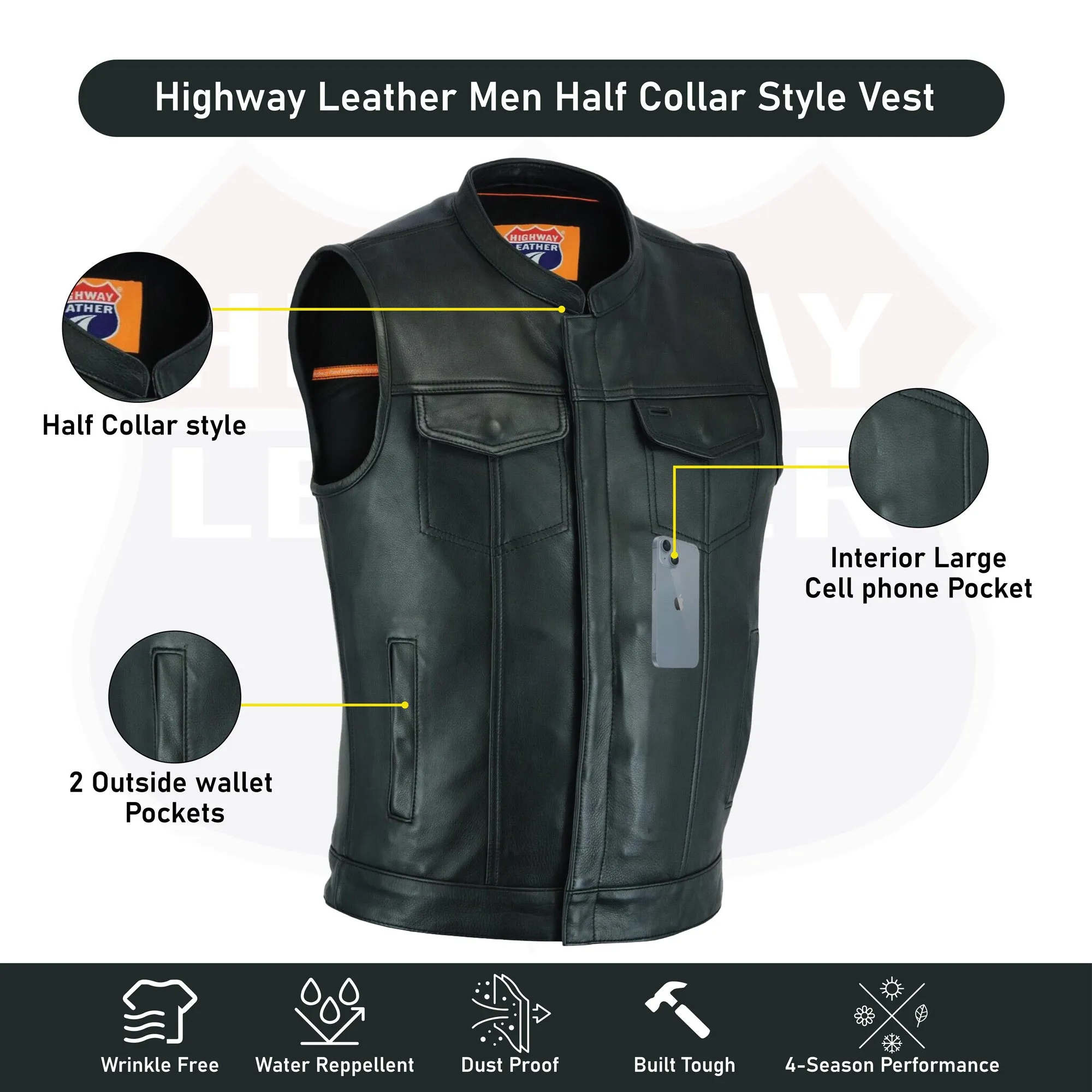 Outlaw Leather Club Vest Zipper/Snap Inside Gun Pockets