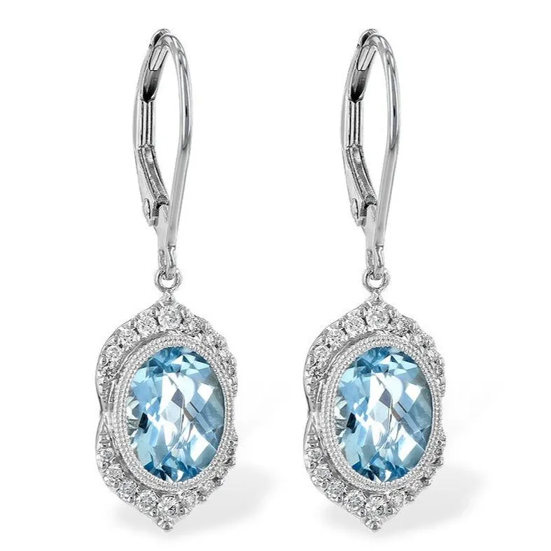 Oval Aquamarine & Diamond Dangle Drop Earrings