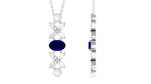 Oval Blue Sapphire and Diamond Flower Dangle Necklace