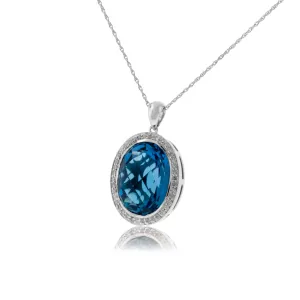 Oval Blue Topaz & Diamond Halo Pendant