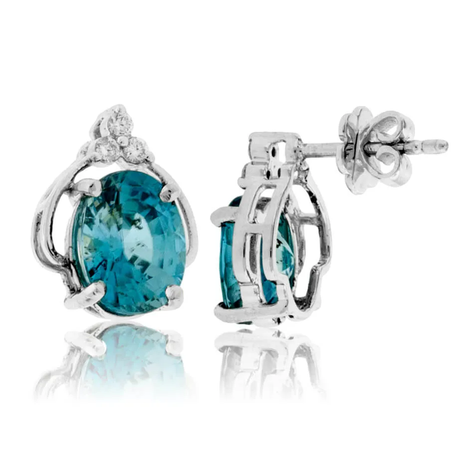 Oval Blue Zircon & Diamond Stud Post Earrings