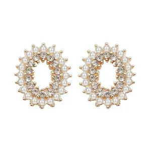 Oval White Pearl Crystal Rhinestone Invisible Clip On Stud Earrings