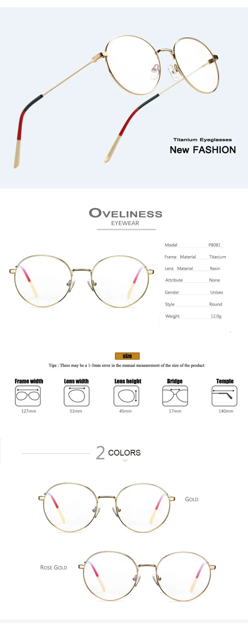 Oveliness Unisex Full Rim Round Titanium Eyeglasses P8081