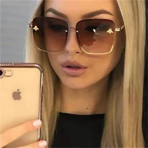 Oversize Rimless Square Bee Sunglasses for Women Gradient Sunglasses