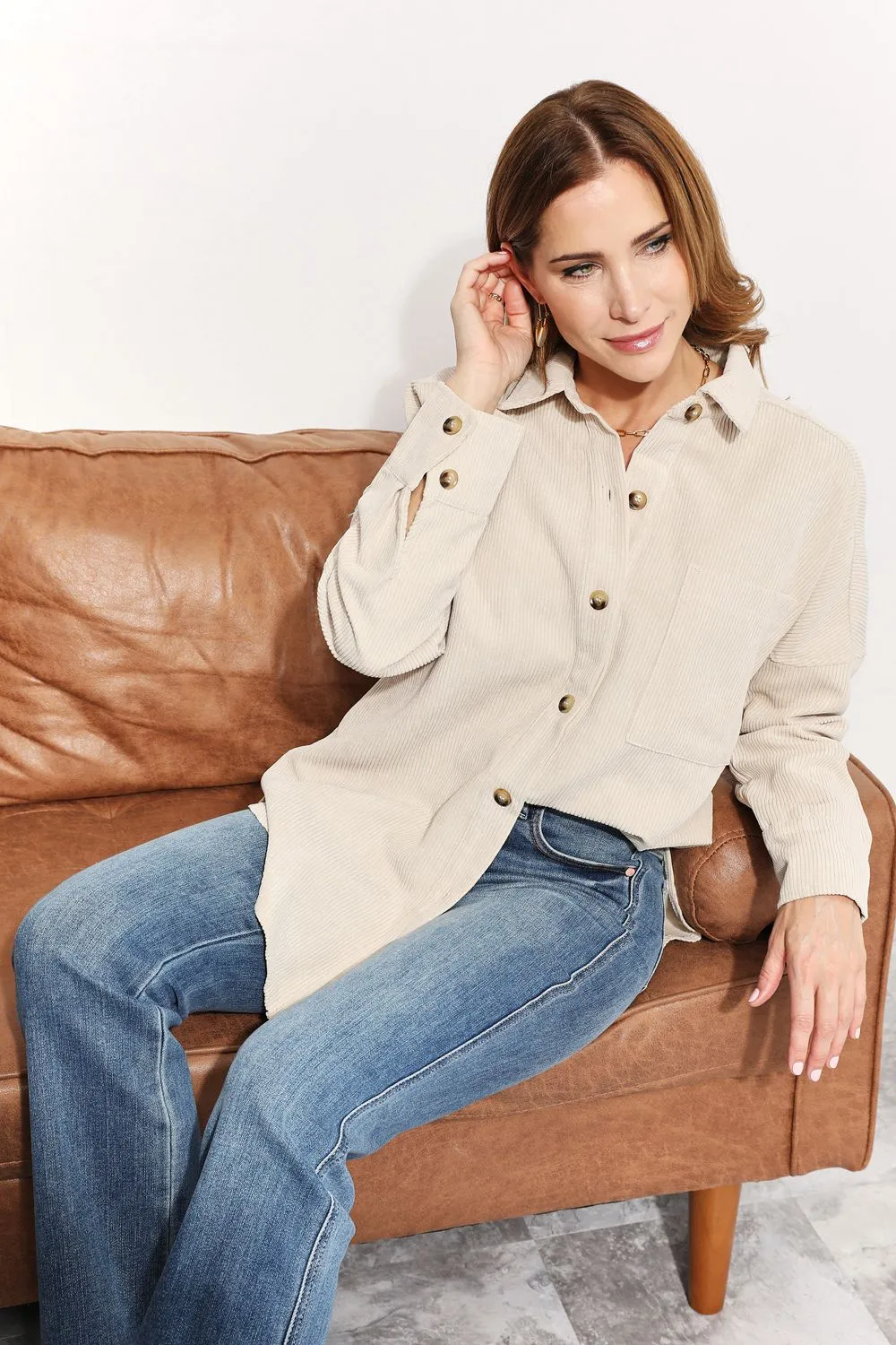 Oversized Corduroy  Button-Down Tunic Shirt