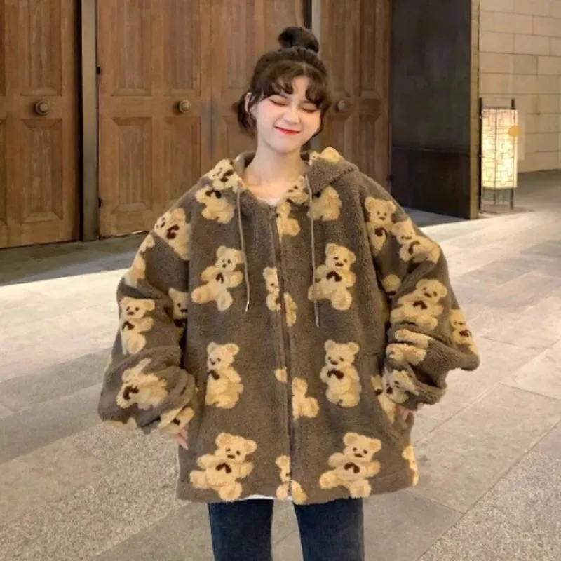 Oversized Hooded Bear Pattern Pullover Sweaters