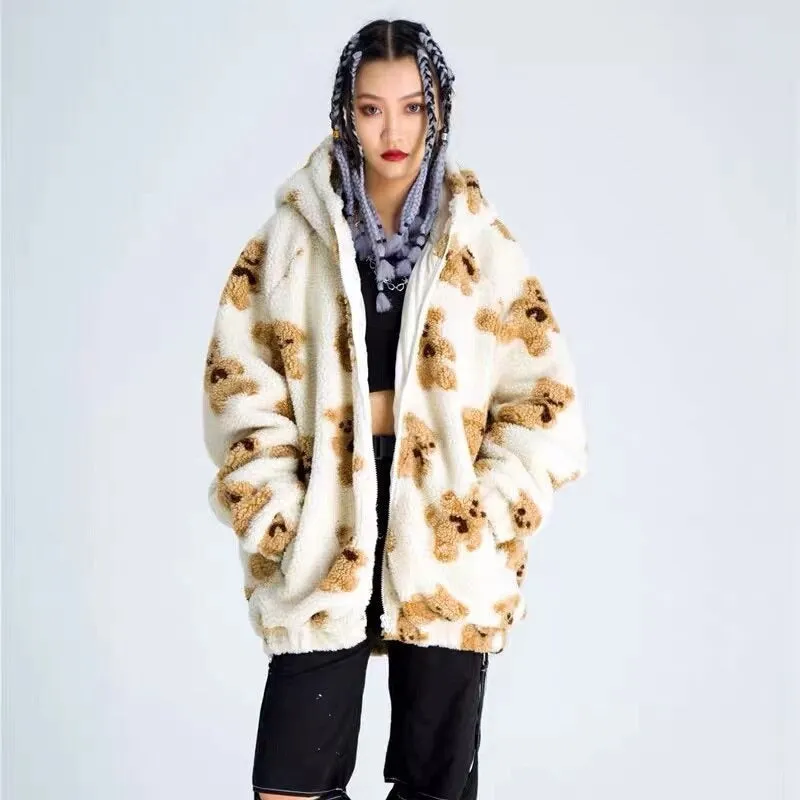 Oversized Hooded Bear Pattern Pullover Sweaters