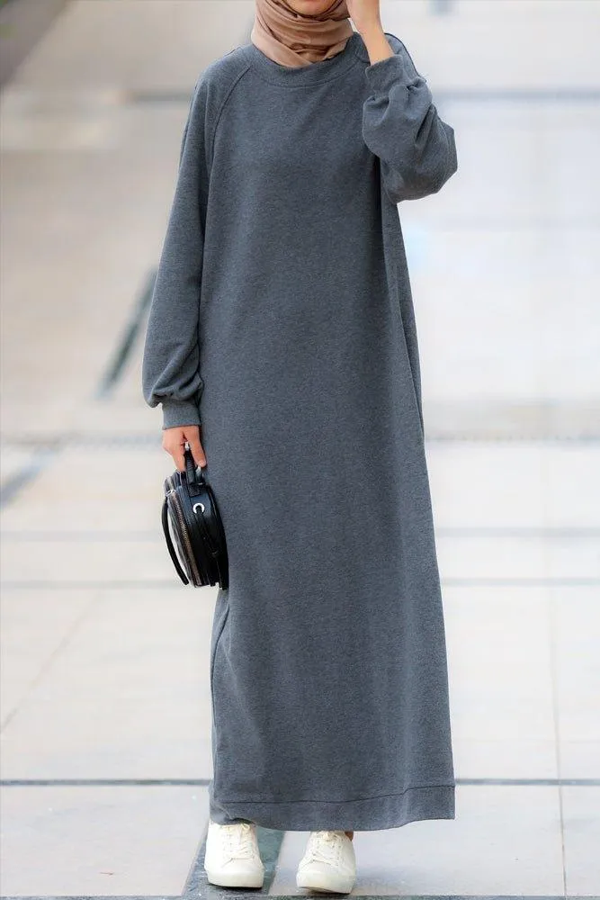 Oversized modest maxi sweatshirt dress with pockets in grey