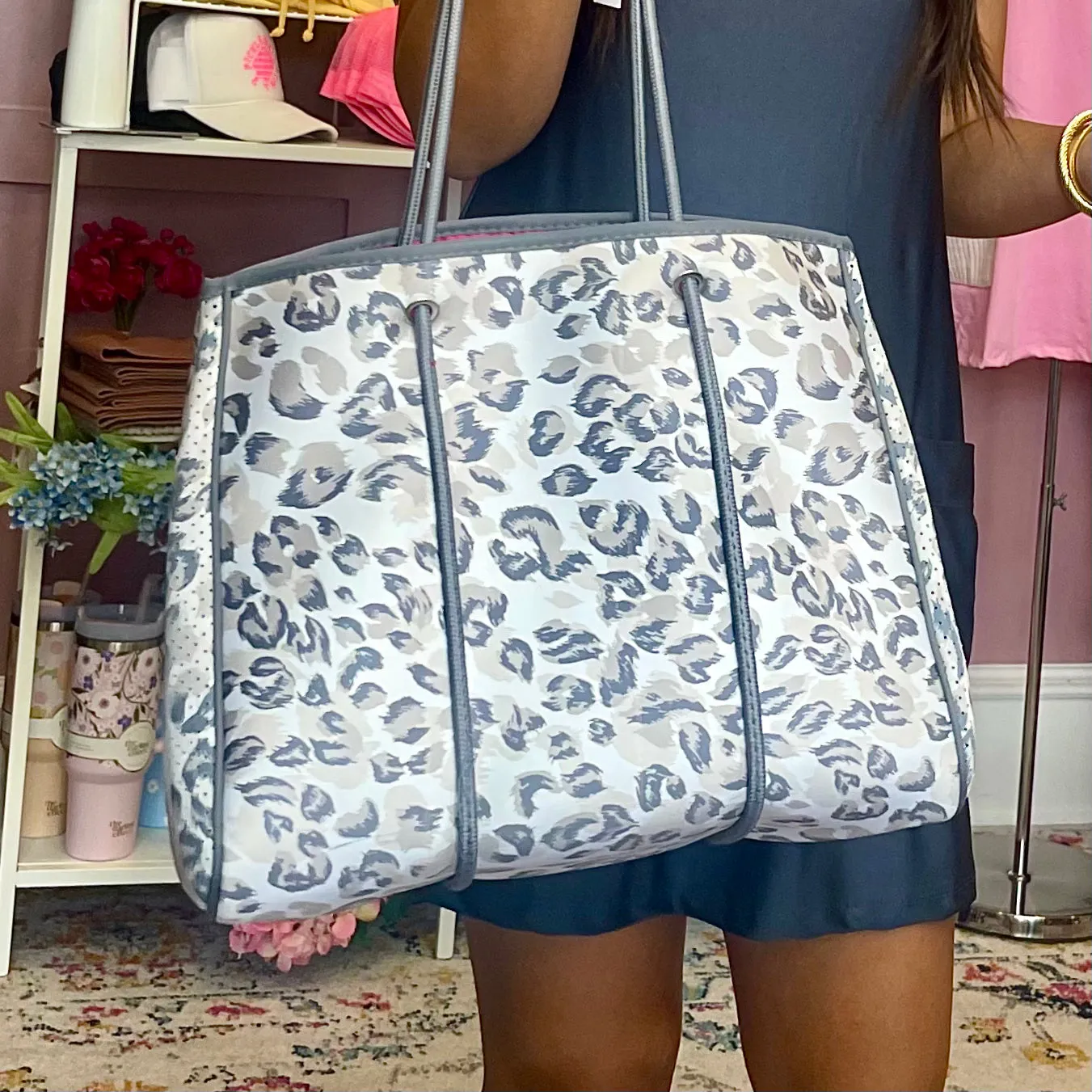 Oversized Neoprene White & Grey Animal Print Tote