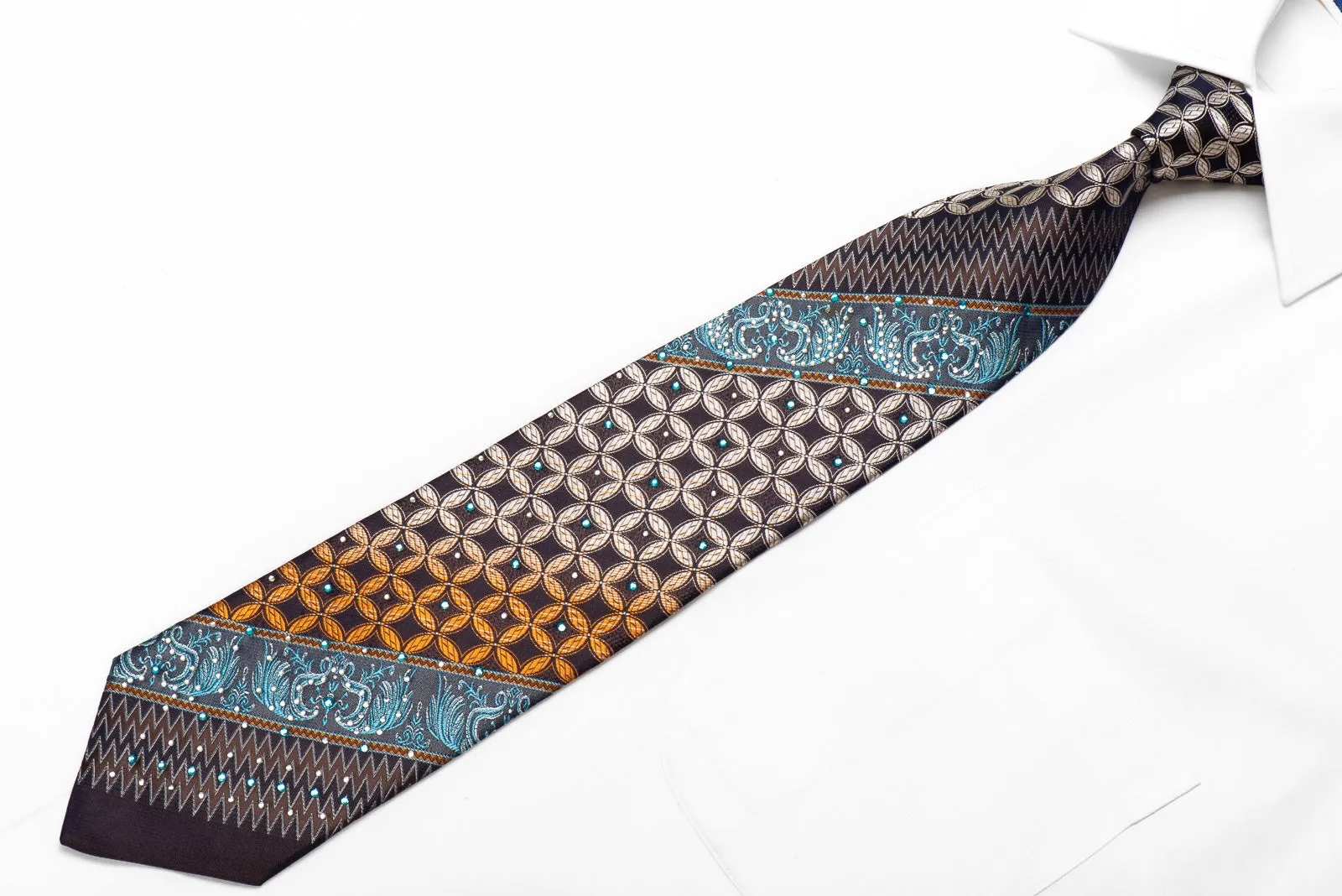 OVO Classic Men's Crystal Silk Tie Geometric Anthemion On Black Brown With Silver Sparkles