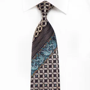 OVO Classic Men's Crystal Silk Tie Geometric Anthemion On Black Brown With Silver Sparkles