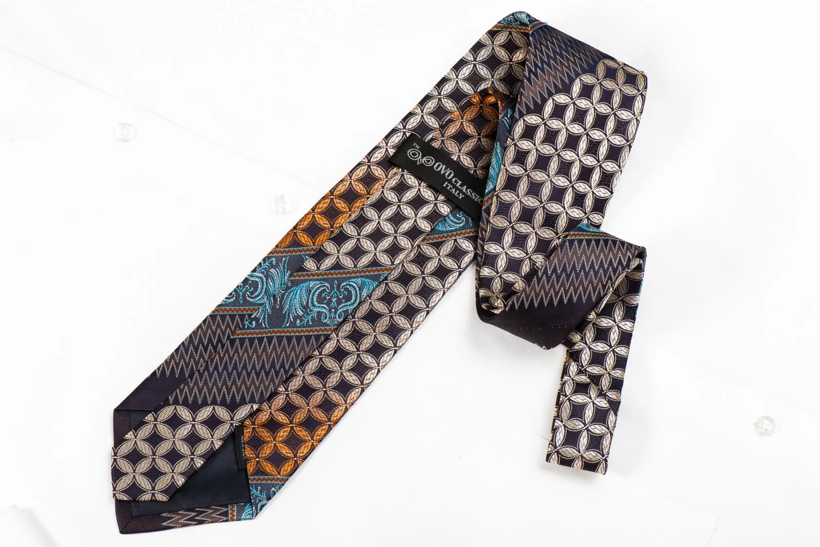 OVO Classic Men's Crystal Silk Tie Geometric Anthemion On Black Brown With Silver Sparkles