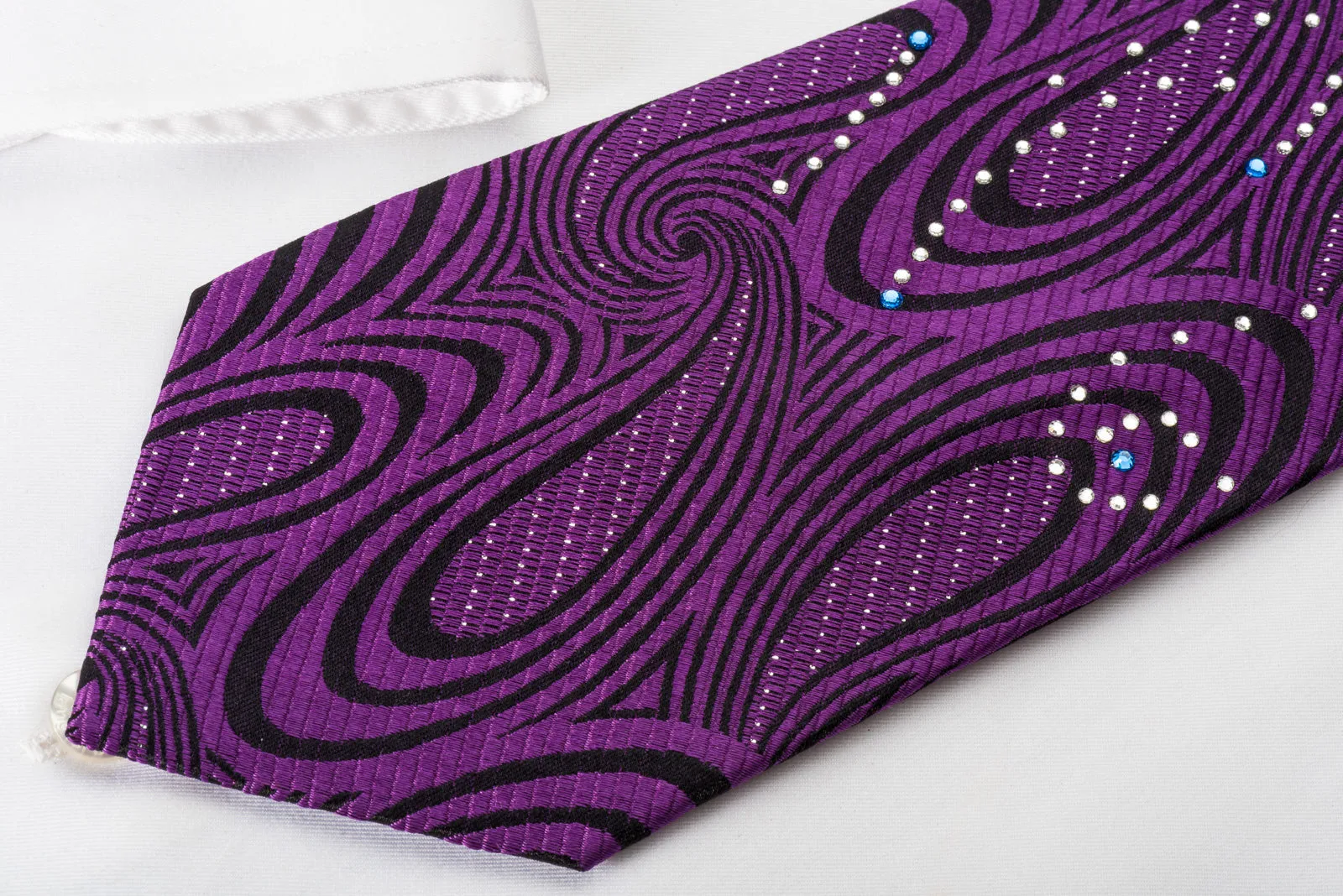 OVO Classic Rhinestone Silk Necktie Purple Twirls On Black With Sparkles