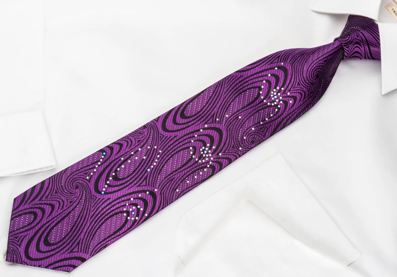 OVO Classic Rhinestone Silk Necktie Purple Twirls On Black With Sparkles