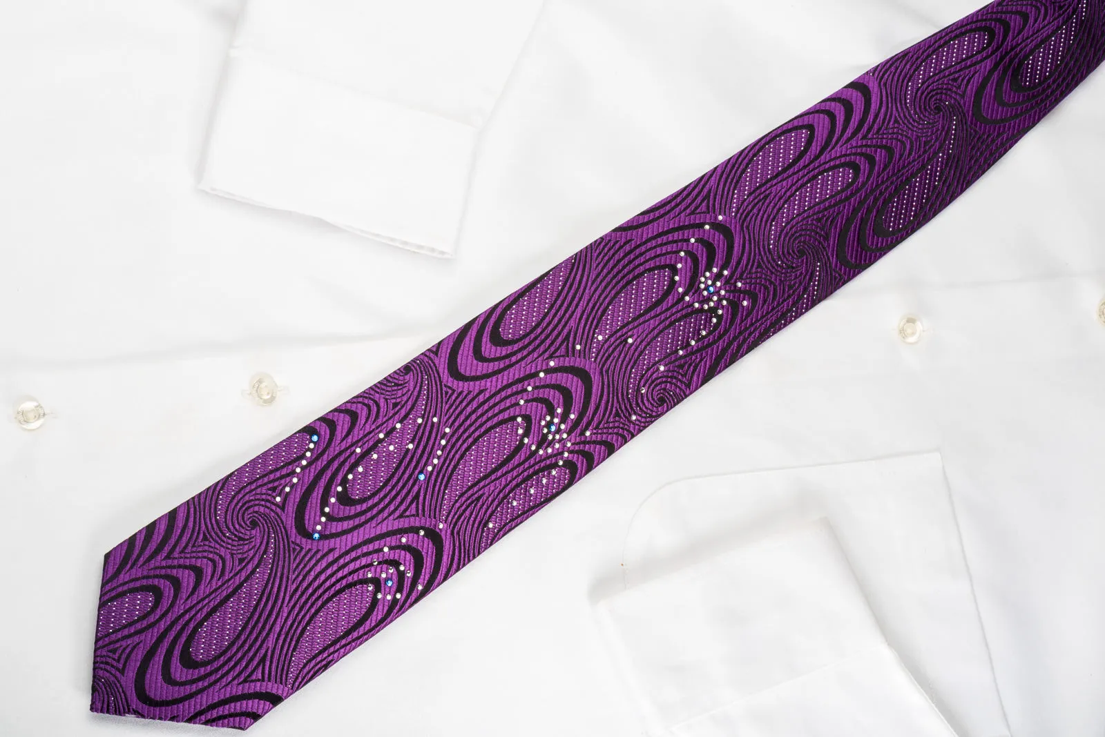 OVO Classic Rhinestone Silk Necktie Purple Twirls On Black With Sparkles