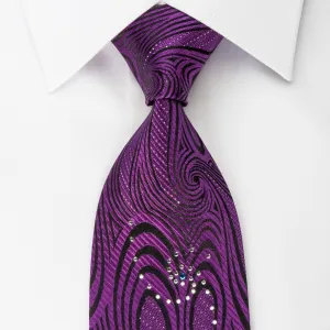 OVO Classic Rhinestone Silk Necktie Purple Twirls On Black With Sparkles