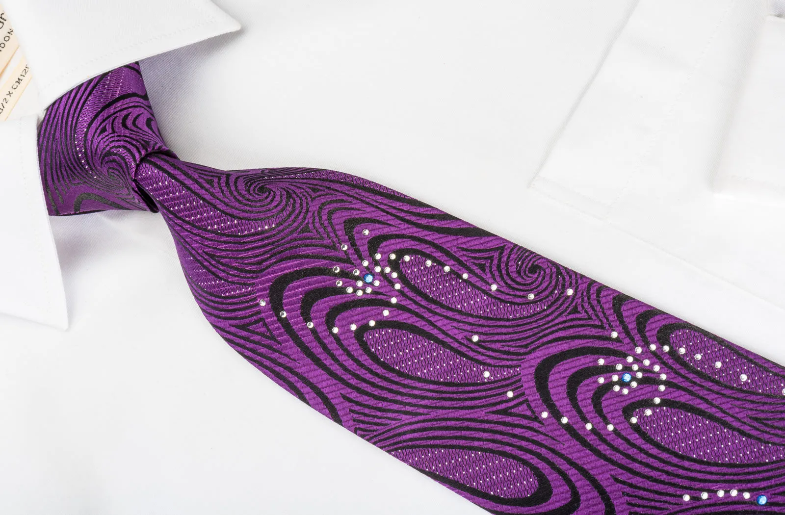 OVO Classic Rhinestone Silk Necktie Purple Twirls On Black With Sparkles