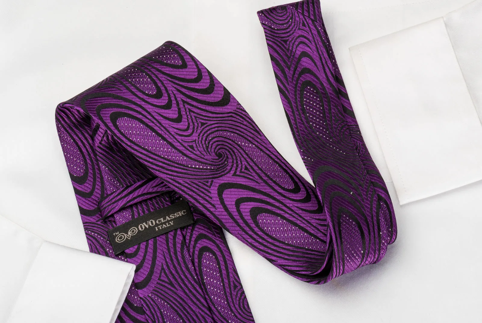 OVO Classic Rhinestone Silk Necktie Purple Twirls On Black With Sparkles