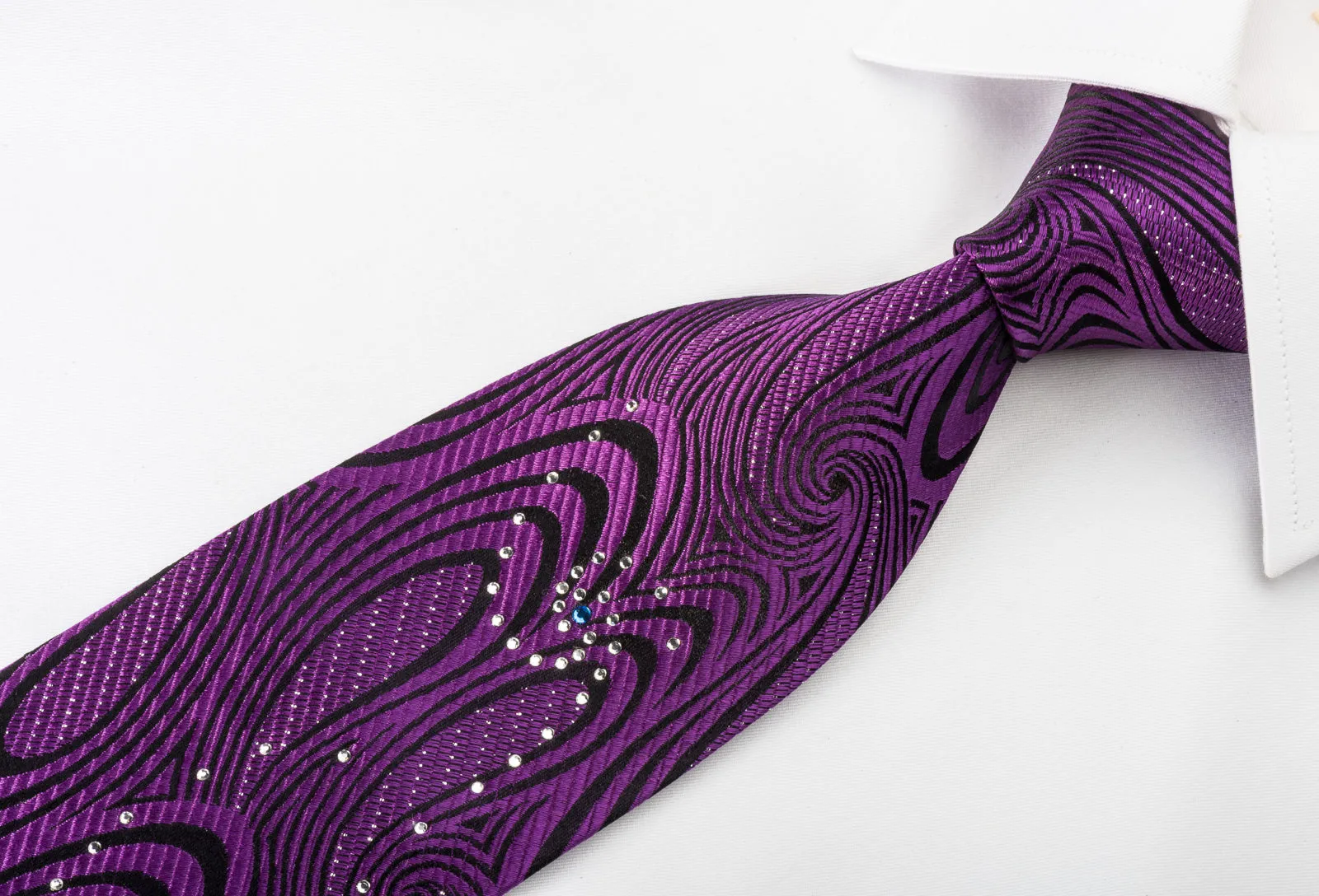 OVO Classic Rhinestone Silk Necktie Purple Twirls On Black With Sparkles