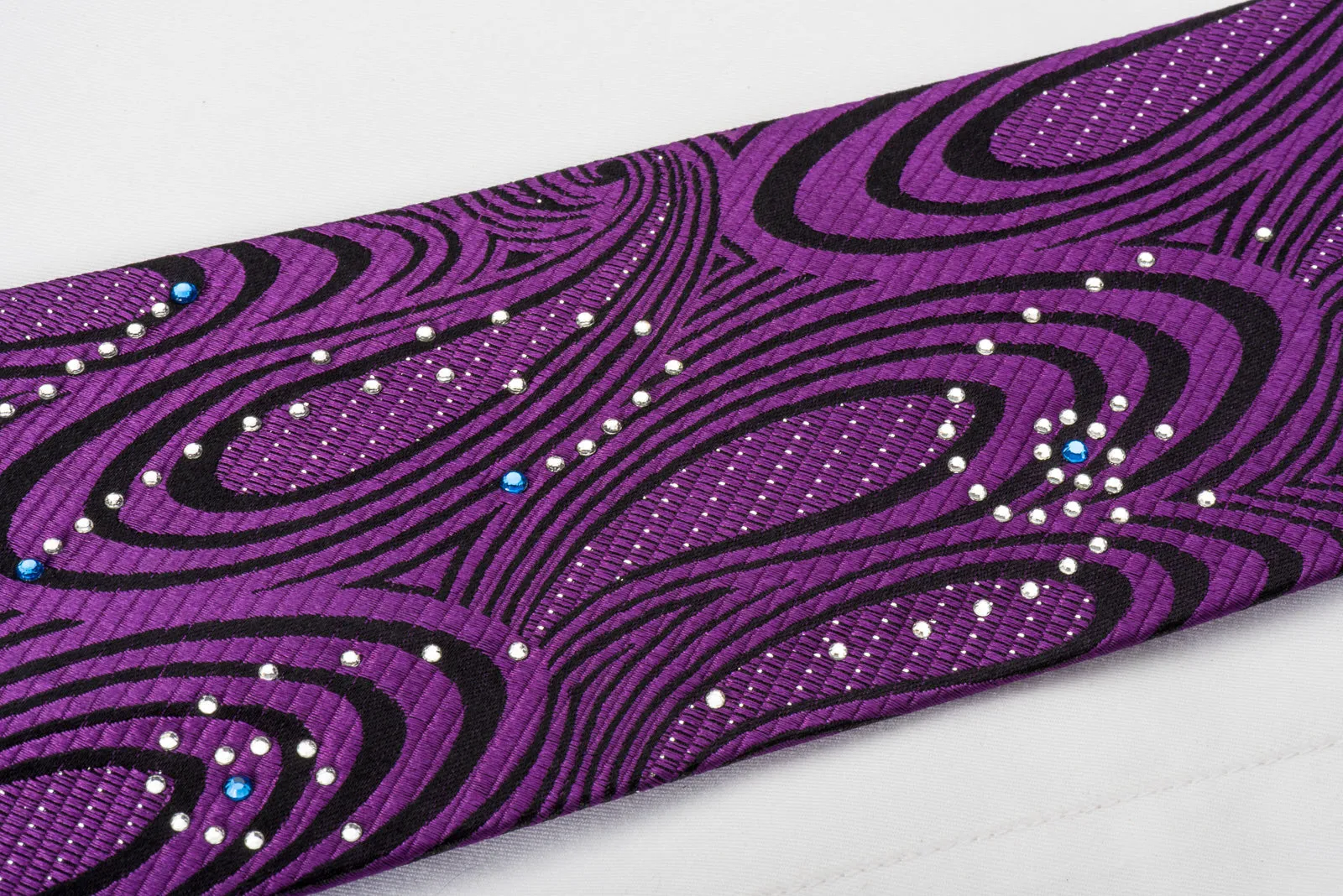 OVO Classic Rhinestone Silk Necktie Purple Twirls On Black With Sparkles