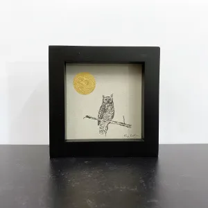 Owl says hi - Grey and Gold Collection #61 - Original drawing - 4"x4"